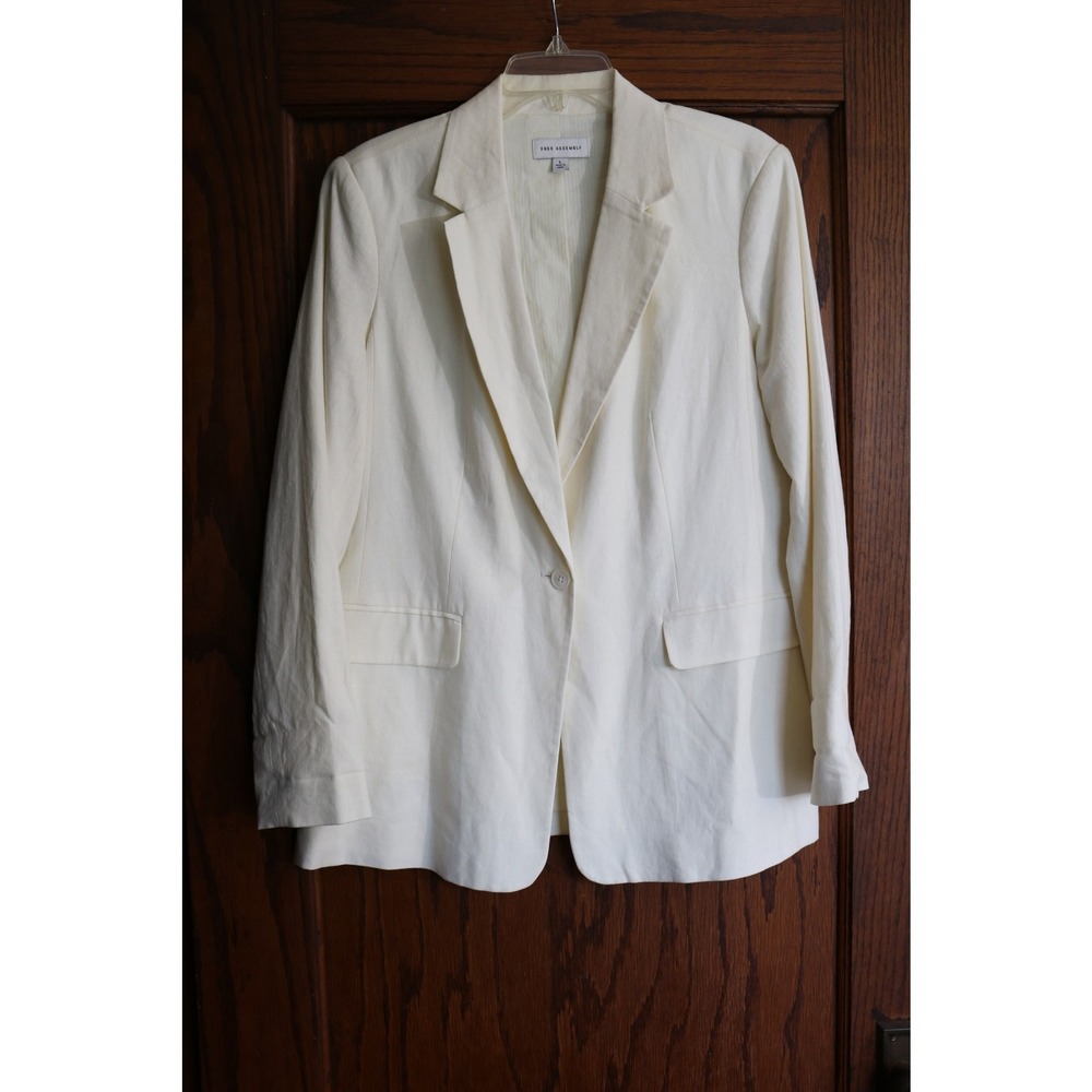 FREE ASSEMBLY Linen Blazer Women Large Cream Rayon Blend One Button Structured